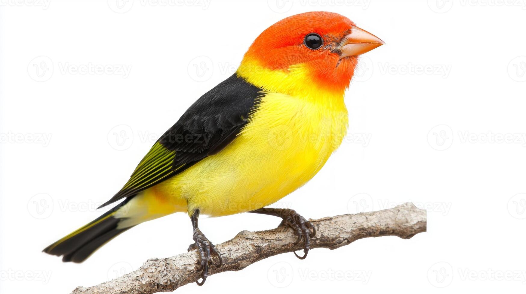 western tanager sits elegantly on a branch, its striking red and yellow feathers contrasting beautifully with the white surroundings, embodying the essence of nature's artistry. photo