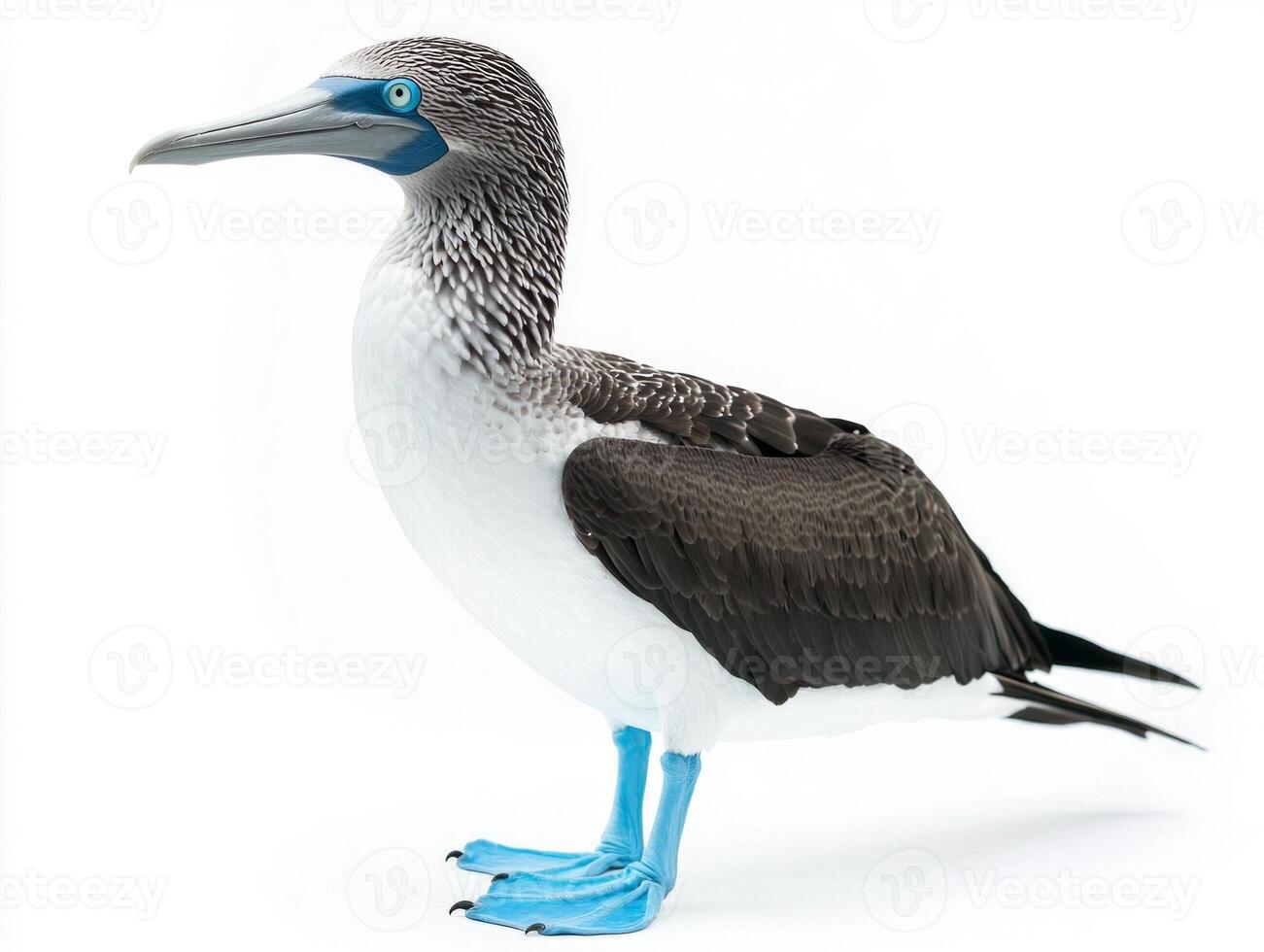 striking bird stands tall, flaunting its vivid blue feet and elegant white feathers, highlighting its unique beauty in a serene setting. photo