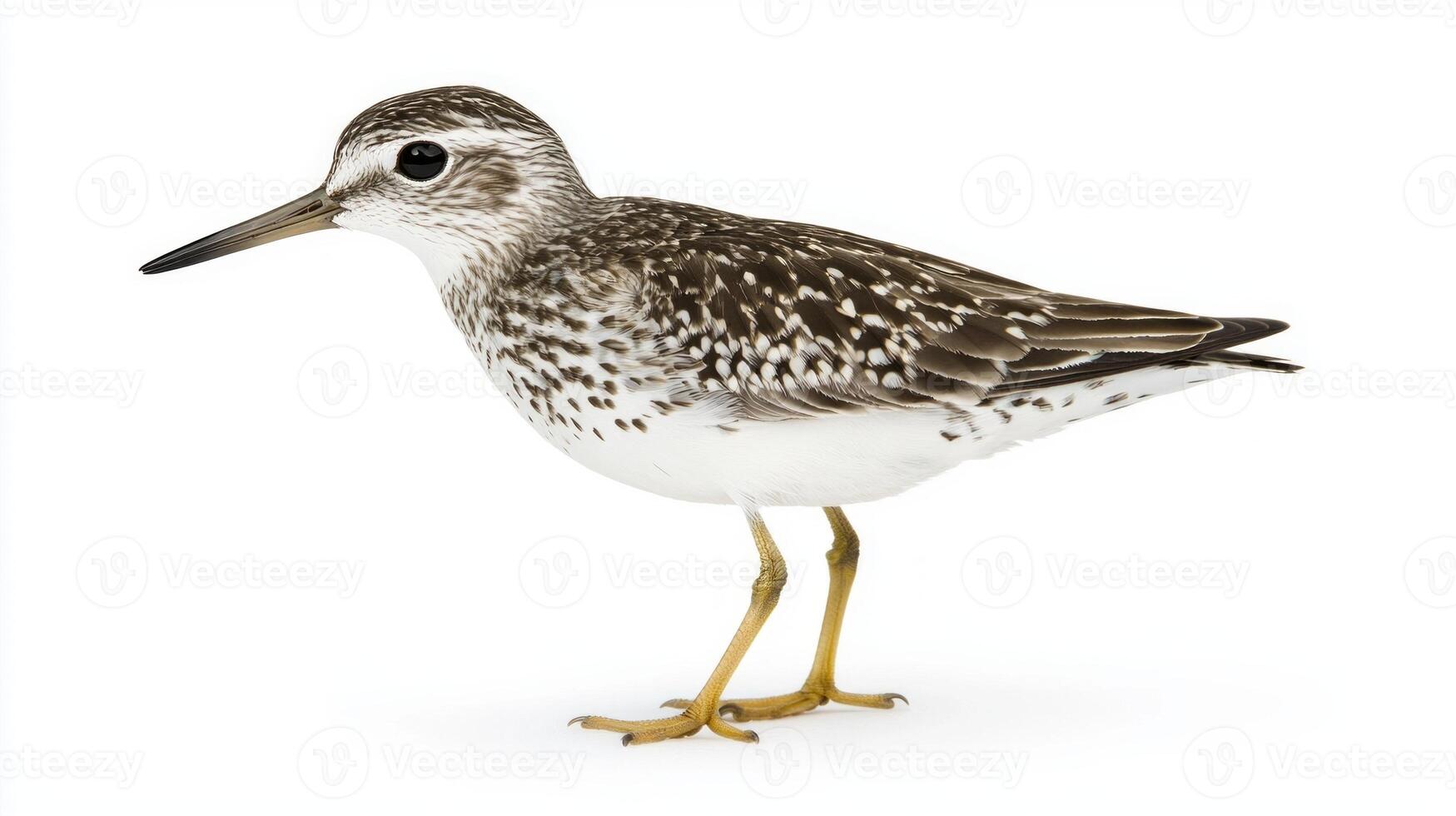 elegant sandpiper is poised near the water's edge, its long beak probing for food while its short legs support its delicate frame, creating a striking contrast with the white background. photo