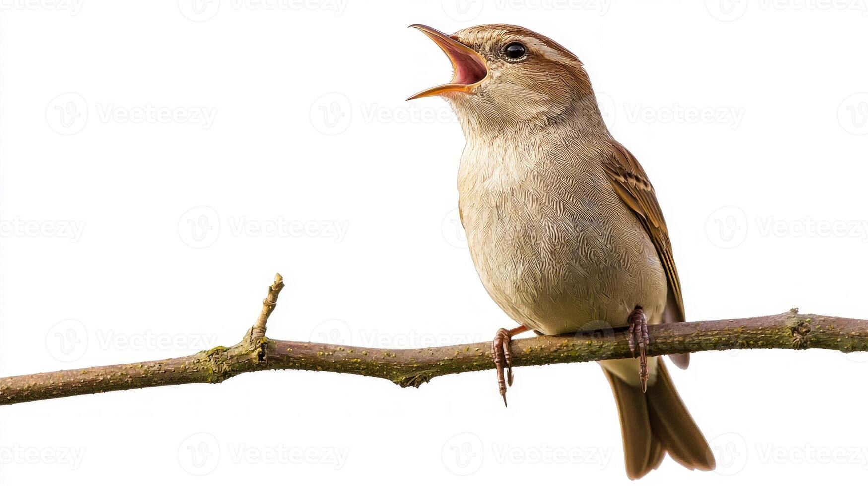 nightingale fills the air with melodious song, perched on a slender branch, completely isolated on a bright white background. Its beak is open wide, expressing pure joy. photo