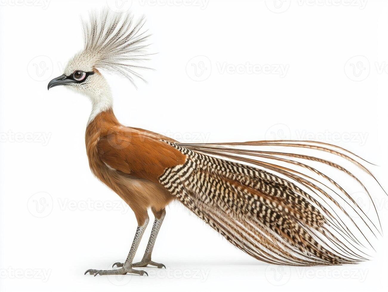 Bathed in light, a lyrebird displays its magnificent long tail feathers, standing tall and poised. Its vibrant plumage and intricate patterns capture the essence of avian beauty. photo