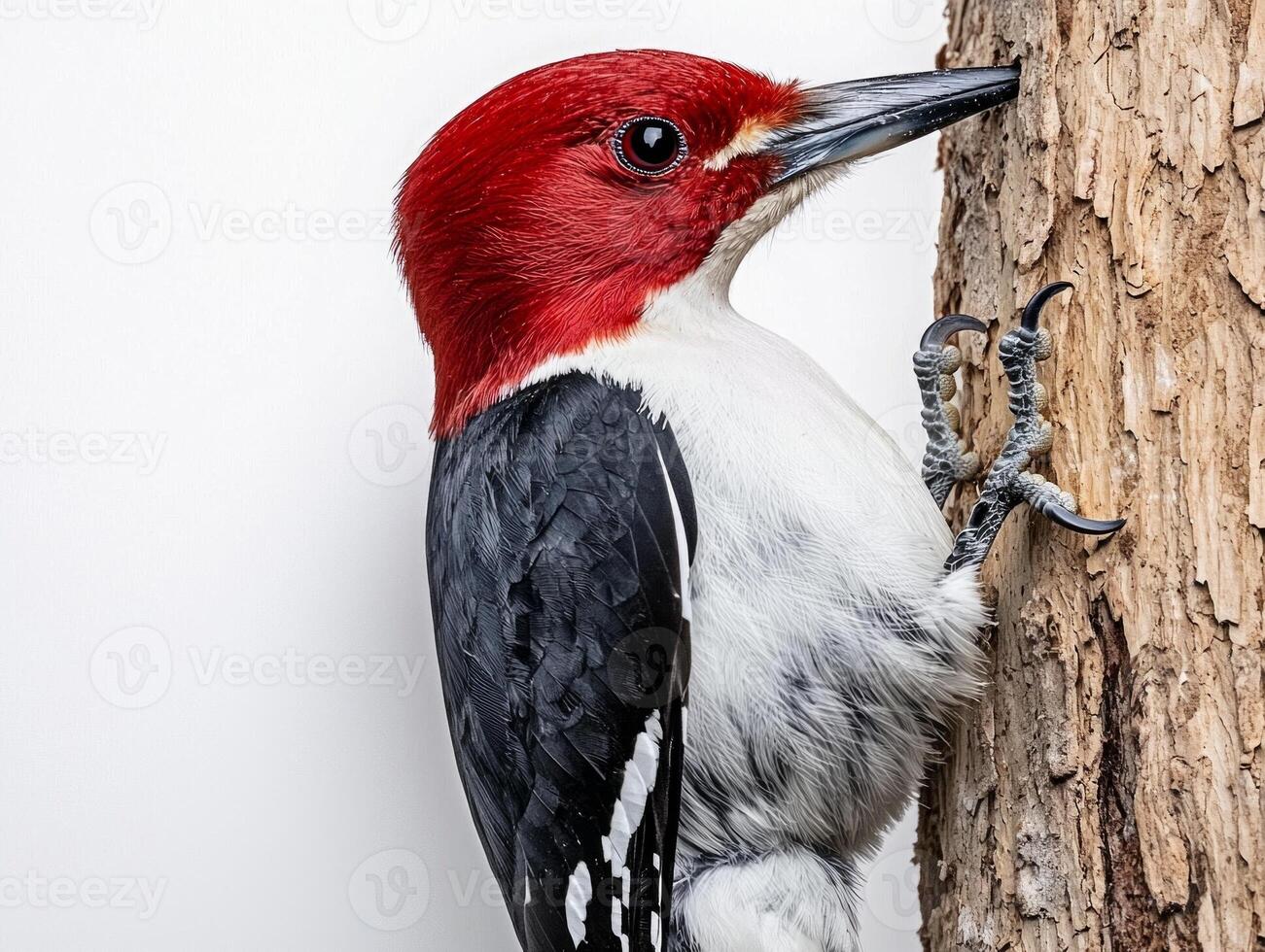 striking red-headed woodpecker perches on a tree trunk, its brilliant red cap standing out prominently as it engages in its natural behavior, surrounded by a minimalist white backdrop. photo