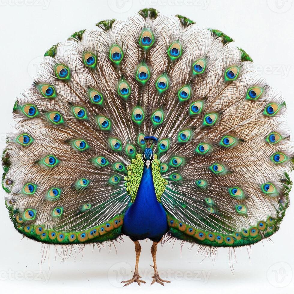 magnificent peacock proudly displays its radiant tail feathers, showcasing a mesmerizing array of vibrant colors and intricate patterns in a vivid close-up against a clean, white background. photo
