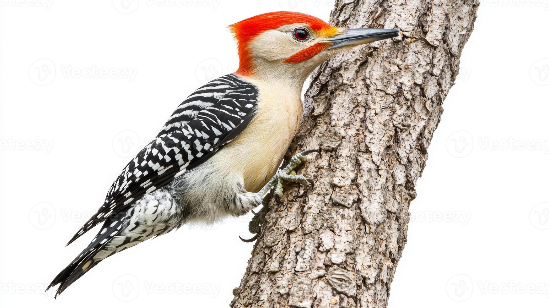 red-bellied woodpecker showcases its brilliant red crown while perched on a tree trunk, demonstrating its natural habitat and unique coloring in a stunning visual. photo