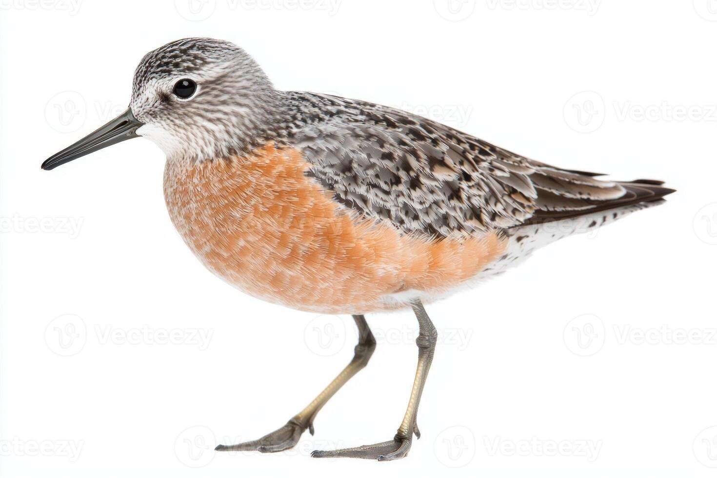 stunning red knot displays its rich red plumage and short beak while standing against a pristine white backdrop, showcasing its unique characteristics beautifully. photo