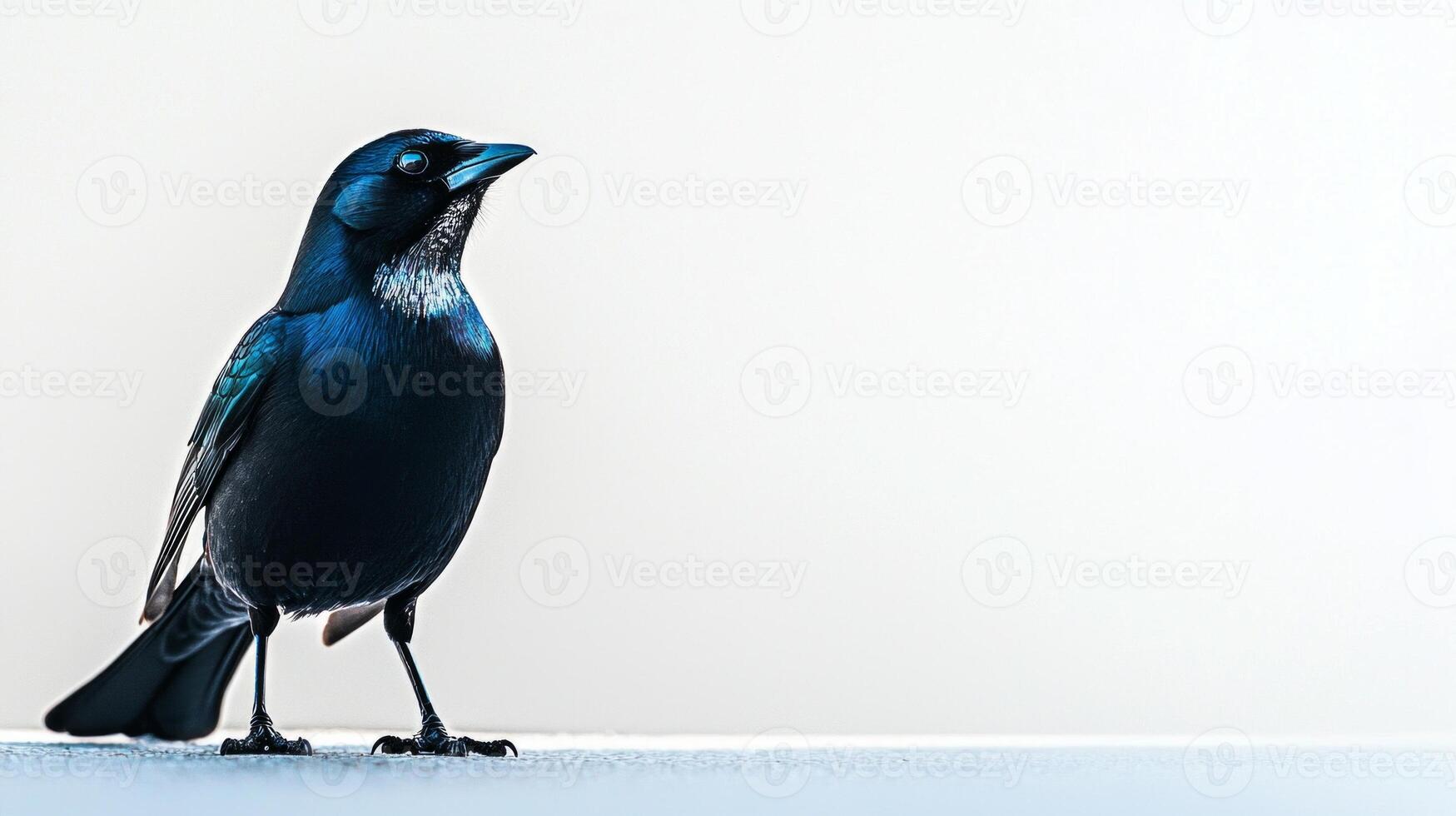 blackbird stands gracefully on the ground, its glossy black feathers shimmering softly in the light, creating a striking contrast with the white background. photo