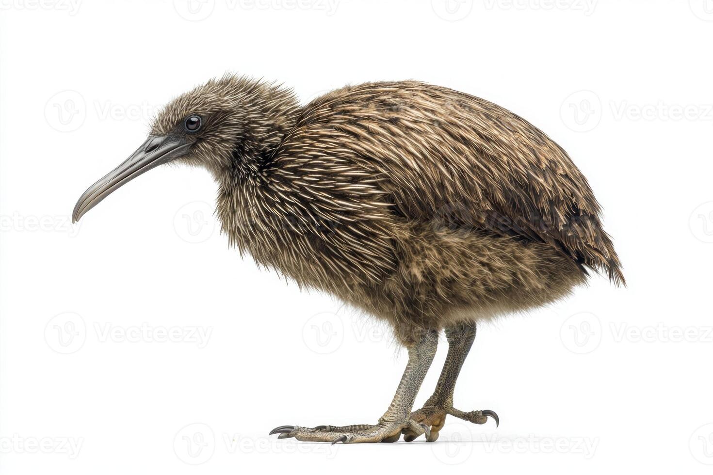 kiwi bird stands proudly, displaying its slender beak and short wings. Set against a clean, white background, it highlights the bird's distinct features and proportions. photo