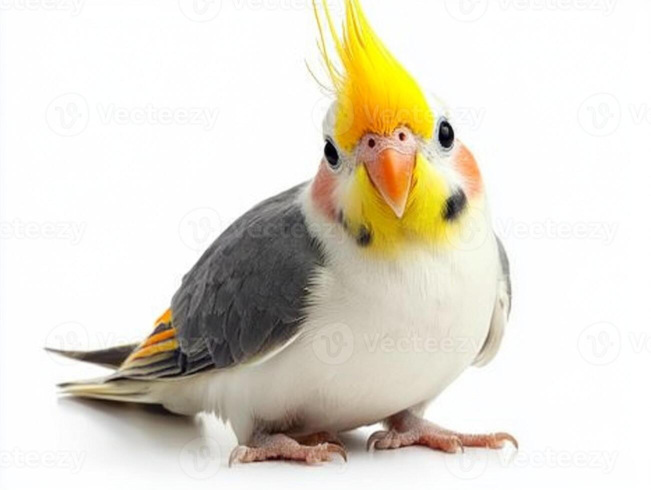 stunning cockatiel presents itself, proudly displaying its cheerful yellow crest and unique grey plumage, embodying the spirit of avian beauty in a minimalistic setting. photo