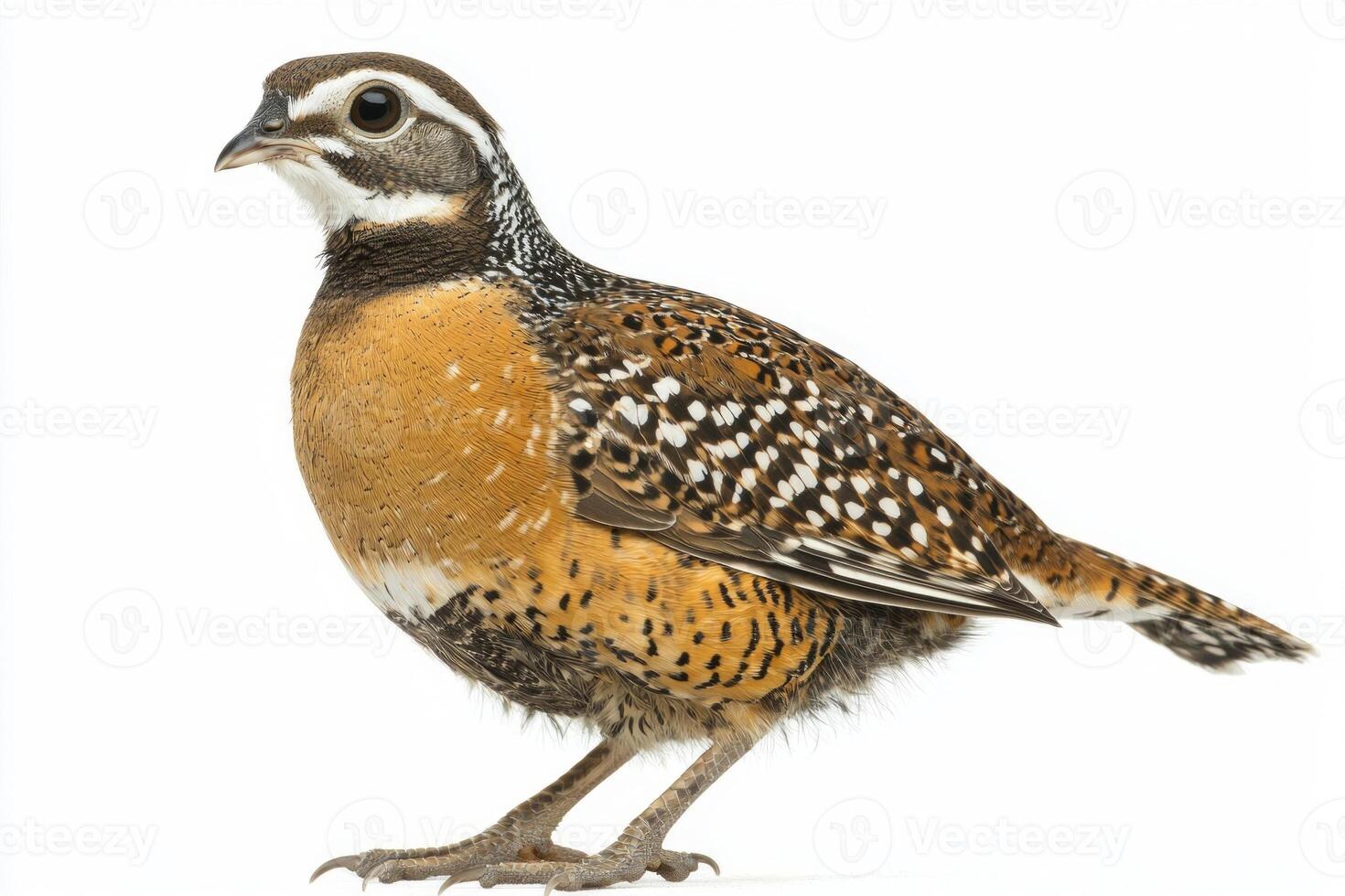 Standing prominently on the ground, the northern bobwhite quail displays its striking spotted plumage and compact form, creating a vivid contrast with the clean white background. photo