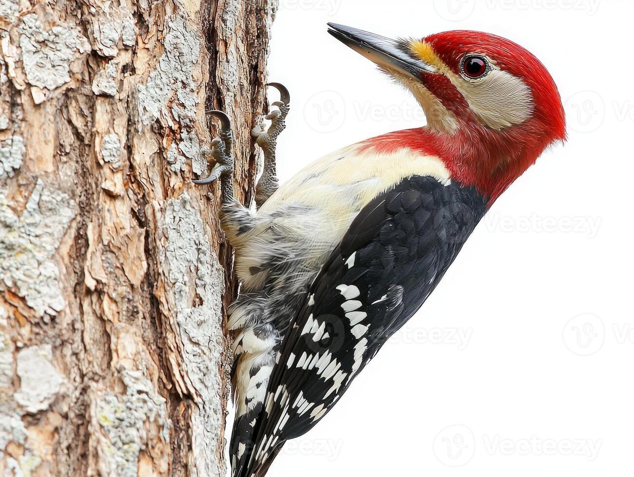 red-headed woodpecker clings to the rugged bark of a tree, its bright red head and striking black and white feathers catching the eye in a moment of natural elegance. photo