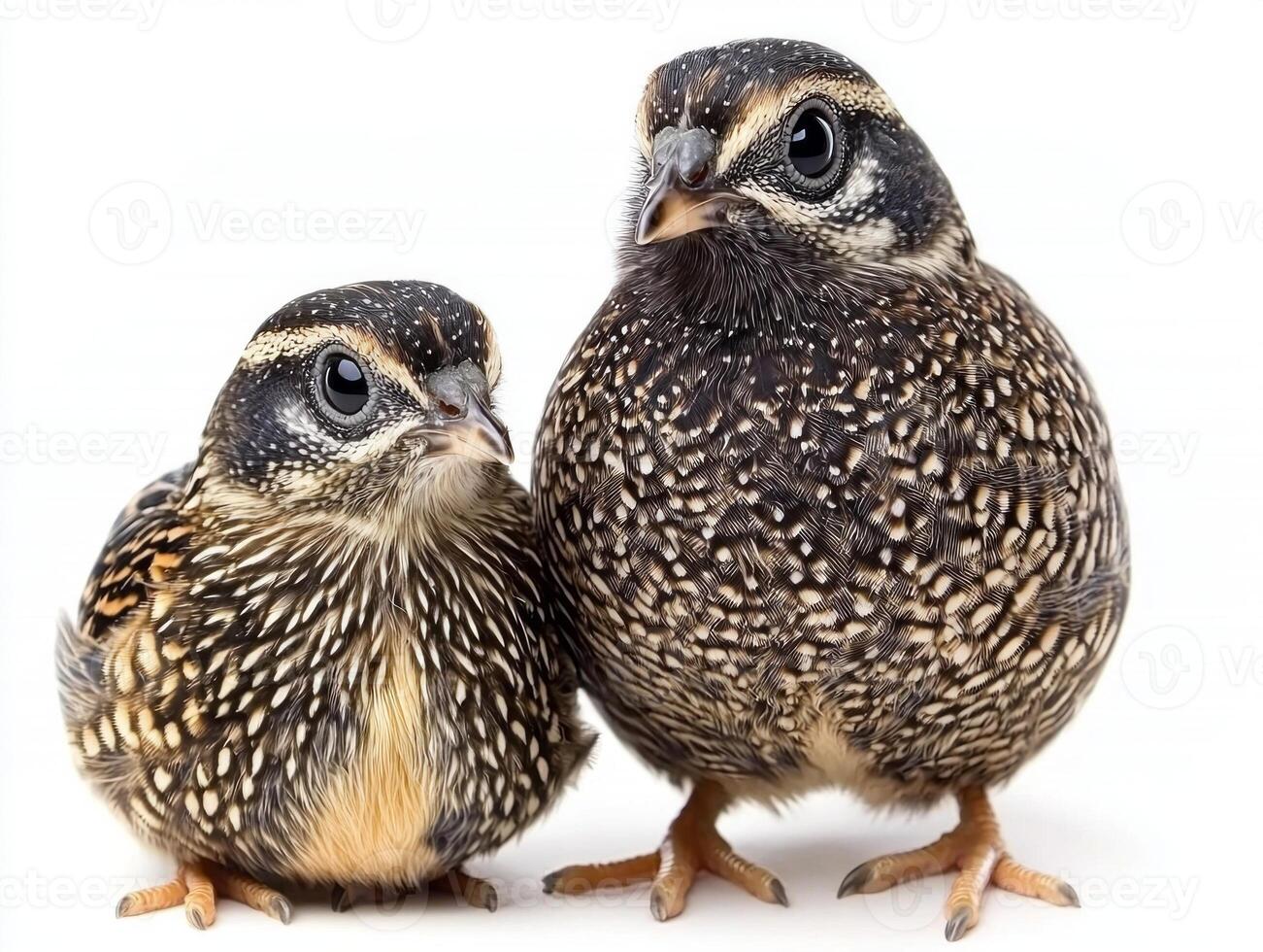 charming quail stands proudly, displaying its distinctive rounded body and short beak. Set against a pristine white background, it beautifully emphasizes the bird's intricate patterns. photo