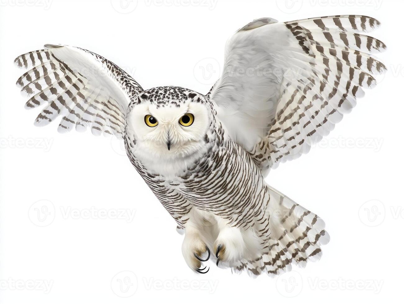 Gliding effortlessly, a snowy owl showcases its stunning white and gray plumage as it flies with wings fully extended, embodying freedom and elegance. photo