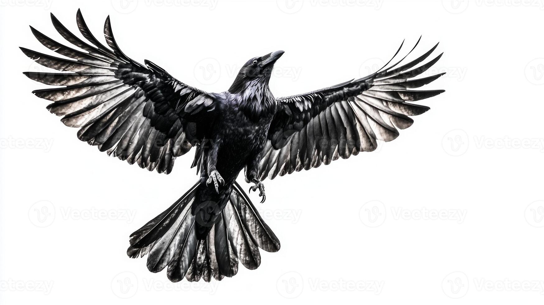 raven soars through the air, its wings fully extended, showcasing striking feathers in sharp contrast to the clear white background, symbolizing power and elegance. photo