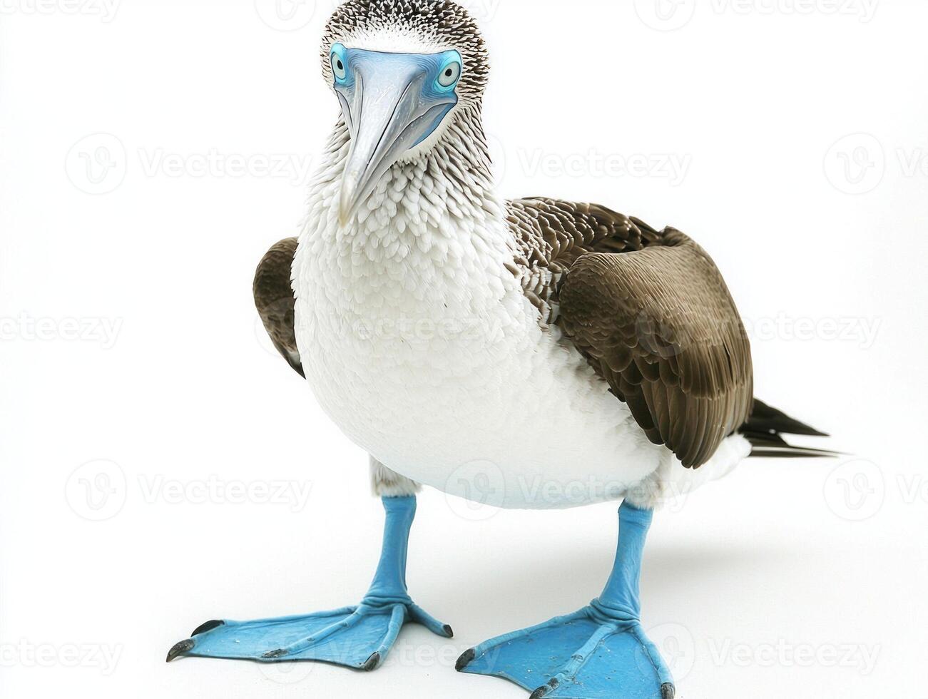 Standing tall with its distinctive blue feet and soft white plumage, the blue-footed booby captures attention with its unique features against a stark white setting. photo