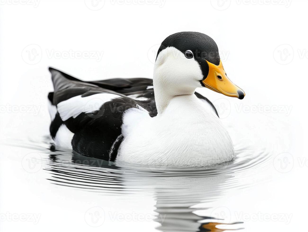 common eider swims effortlessly through the water, its elegant body adorned in striking black-and-white plumage, complemented by a vivid yellow beak against a stark backdrop. photo