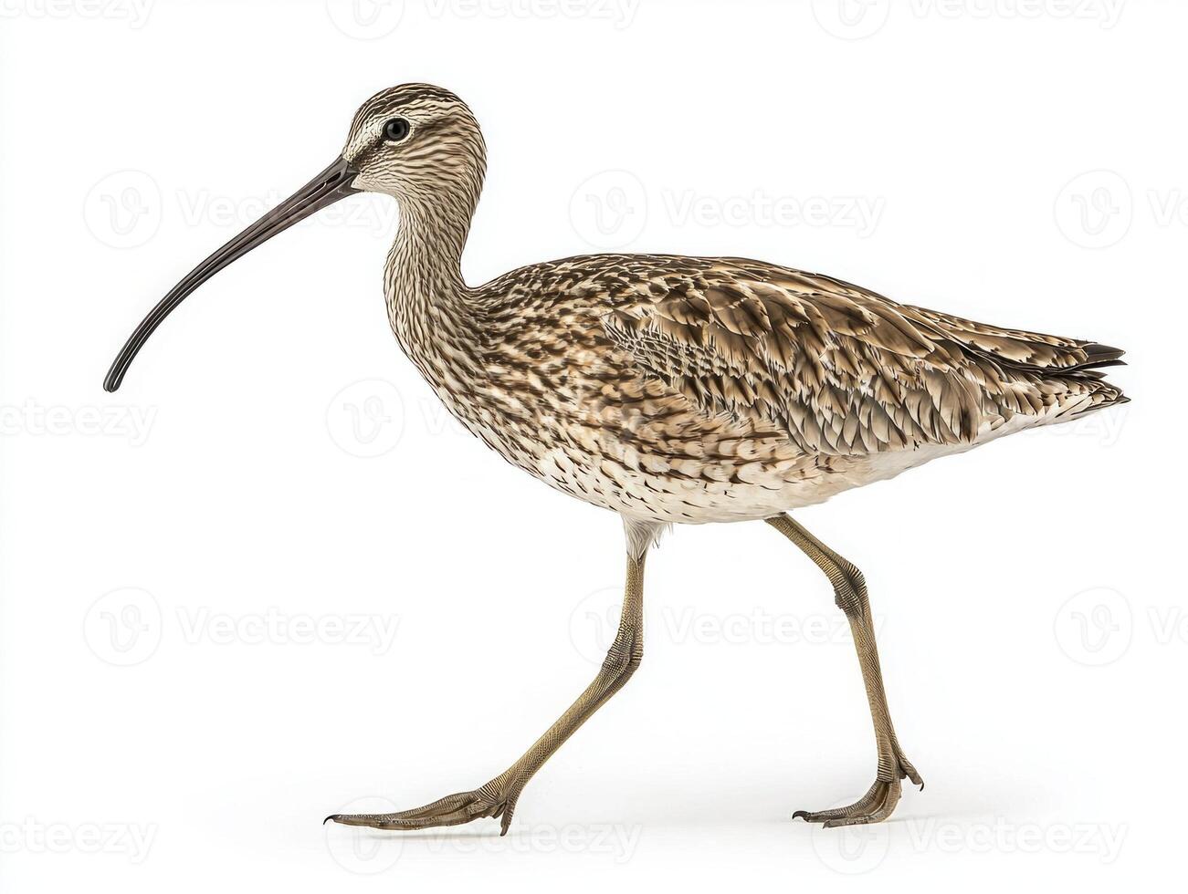 elegant Eurasian curlew walks confidently, showcasing its striking long beak and intricate brown feathers, perfectly isolated on a white background. photo