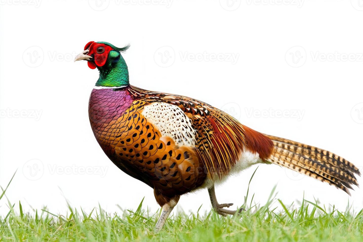 colorful pheasant strides through verdant grass, its plumage dazzling in the sunlight while showcasing the beauty of wildlife in a serene setting photo