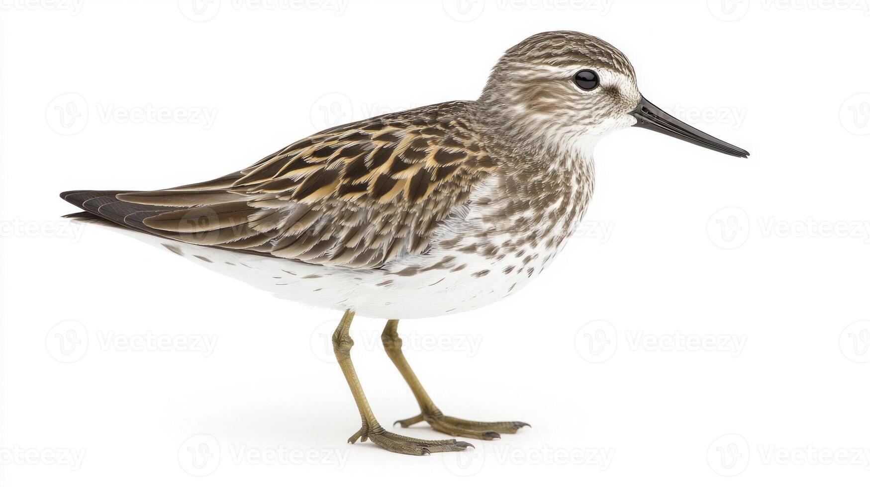 white-rumped sandpiper is poised near the tranquil water, displaying its intricate gray and white feathers against a bright background, highlighting its elegant form. photo