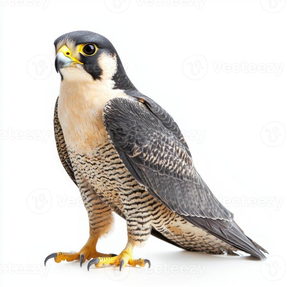 captivating peregrine falcon stands poised with its wings slightly spread, revealing striking plumage details. Its fierce gaze adds to the bird's majestic presence. photo