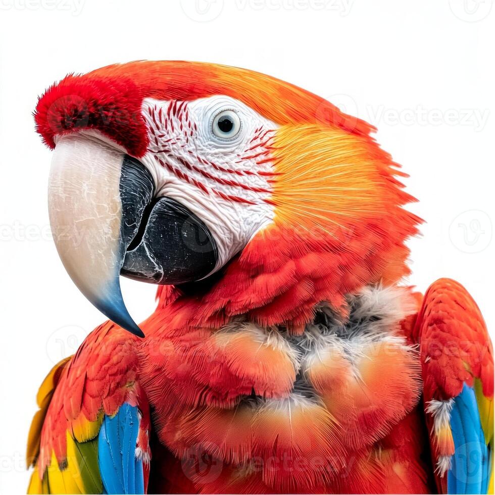 striking scarlet macaw showcases its brilliant plumage, featuring vibrant red, blue, and yellow feathers against a pristine white background, capturing the essence of its beauty. photo