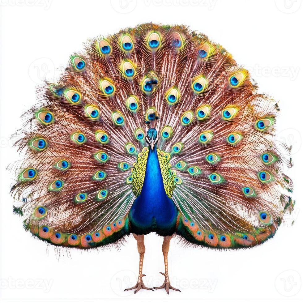 stunning peacock showcases its vibrant tail feathers, fanning out with intricate patterns and colors, captivating the viewer with its natural beauty. photo