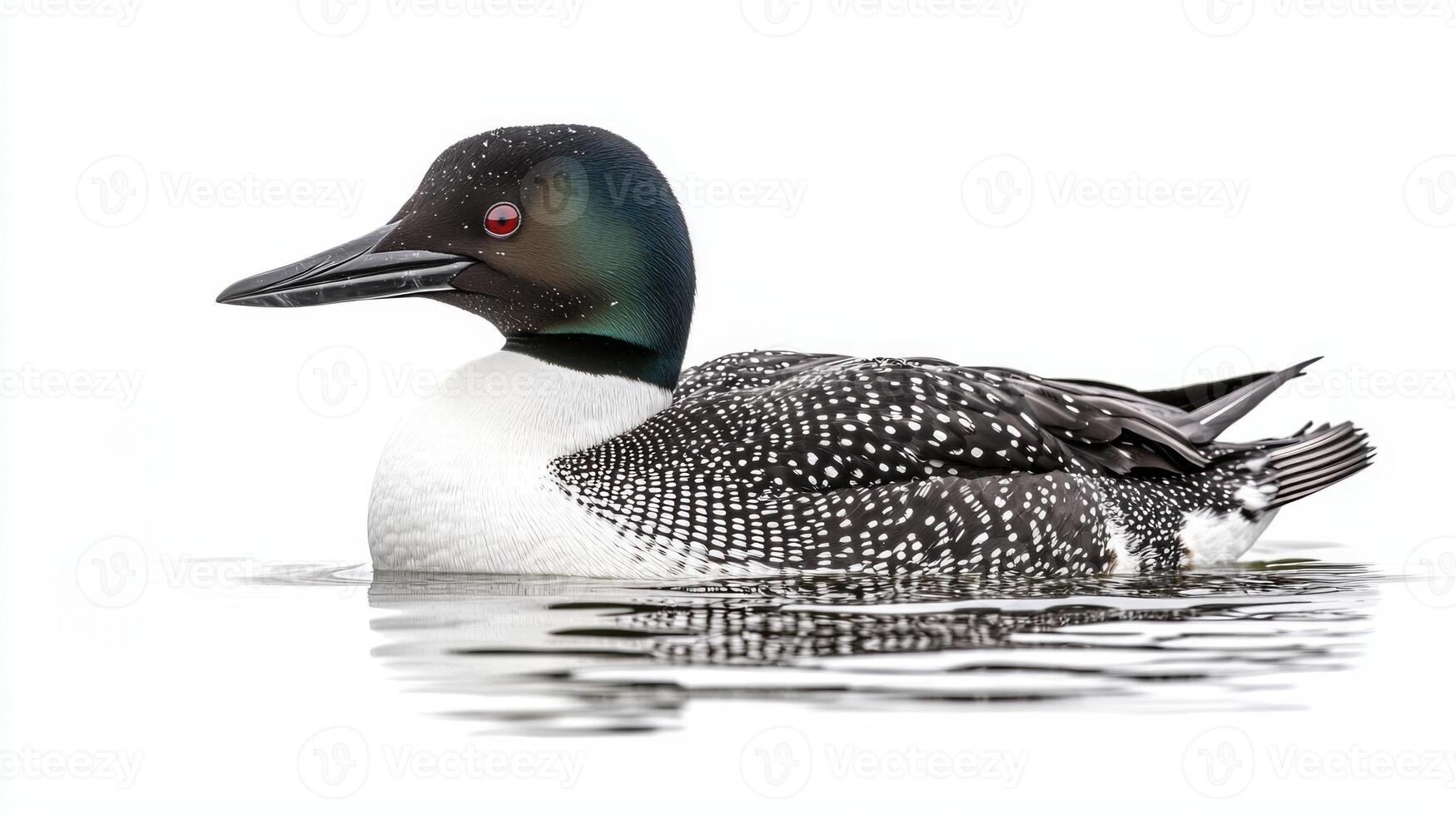 common loon glides effortlessly on calm waters, displaying its distinctive black and white feathers. This serene moment captures the beauty of nature in perfect harmony. photo