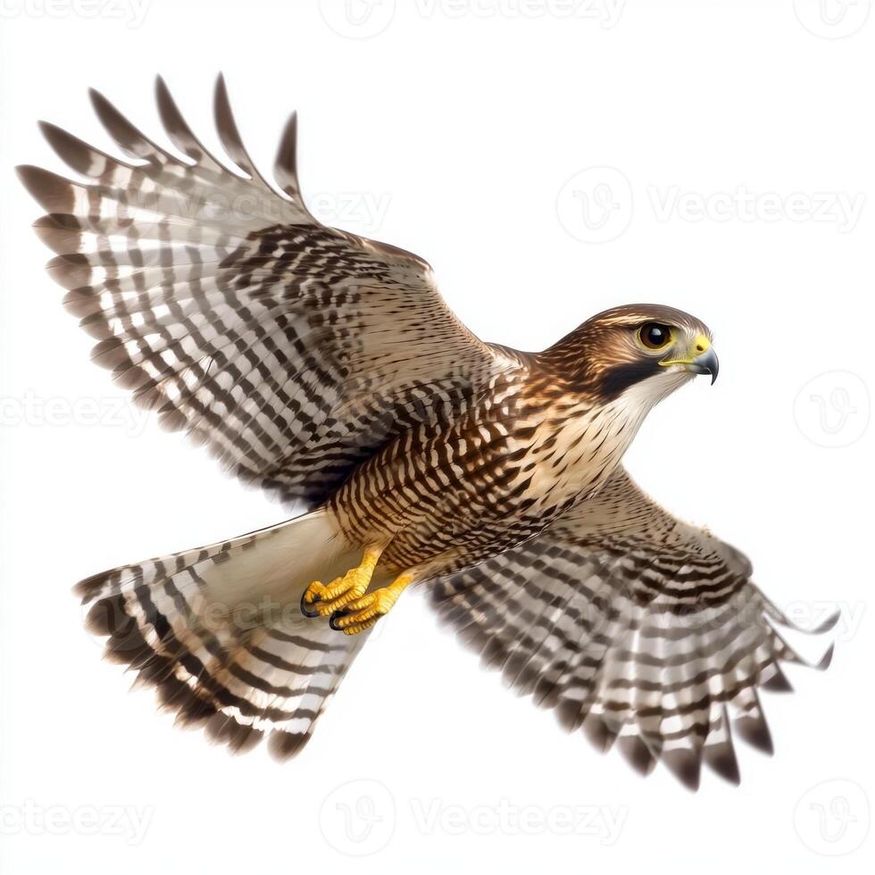 close-up captures a sparrowhawk in mid-flight, wings elegantly tucked in as it navigates through open skies. The bird displays stunning patterns and colors against a stark white backdrop. photo