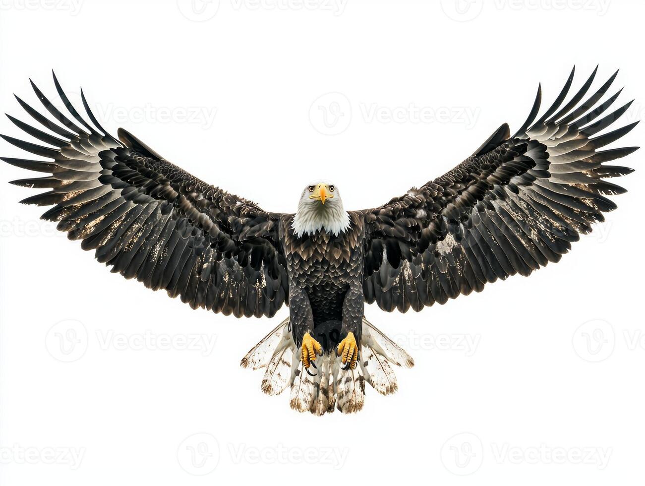 stunning bald eagle glides effortlessly, showcasing its expansive wingspan and powerful presence. The bird exudes strength and grace as it navigates the vast sky. photo