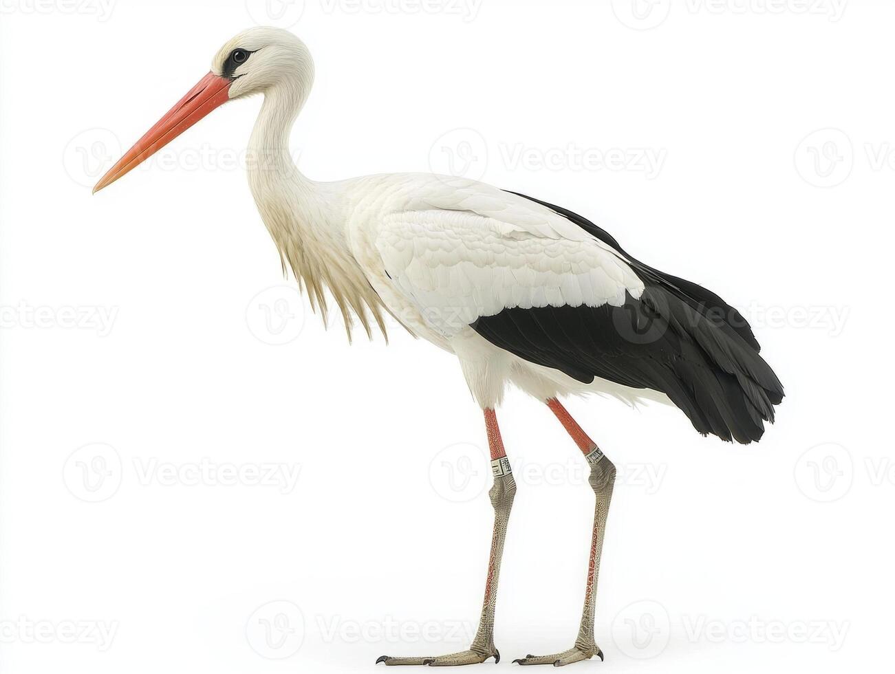 solitary stork stands poised on one leg, with its long neck and beak elegantly angled down photo