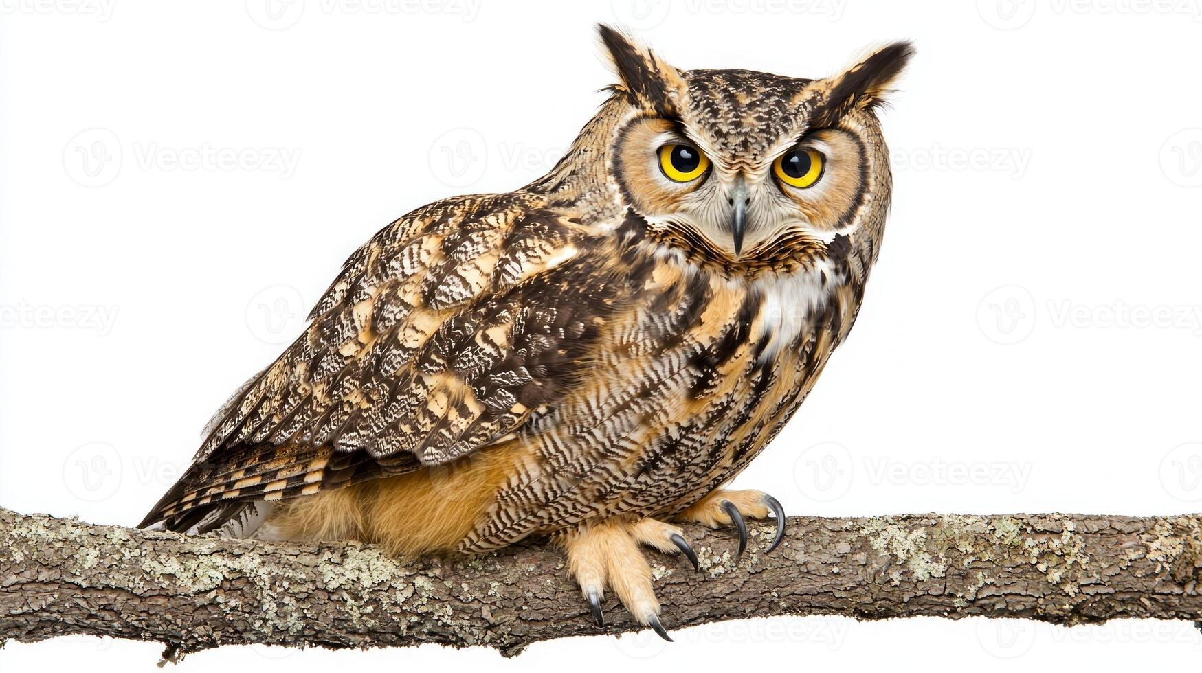 stunning Eurasian eagle-owl sits gracefully on a branch, revealing its large, expressive yellow eyes and distinctive feathered tufts, all against a pristine white backdrop. photo