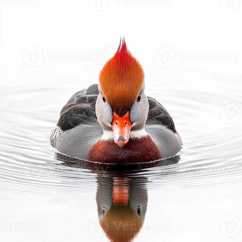 red-crested pochard floats effortlessly on the water's surface, its bright red head and unique patterns creating a mesmerizing focal point against a serene backdrop. photo