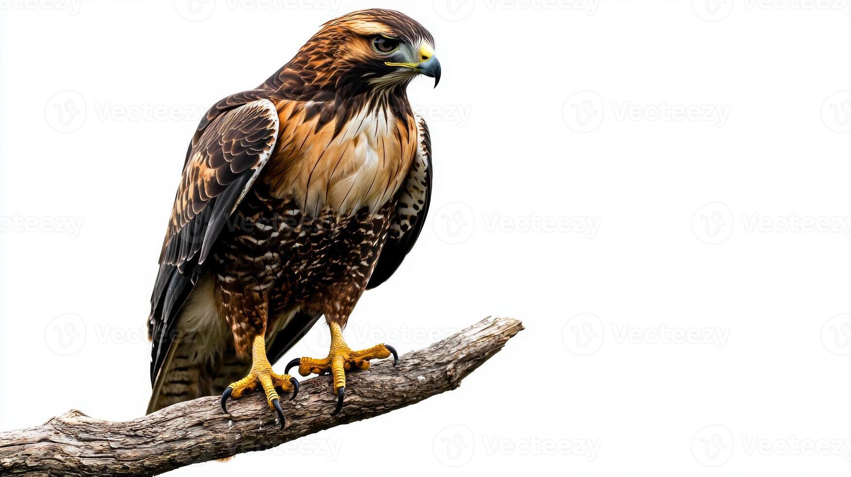 striking red-tailed hawk sits gracefully on a branch, its keen gaze focused and talons ready. This stunning bird highlights its natural beauty in a minimalist setting. photo