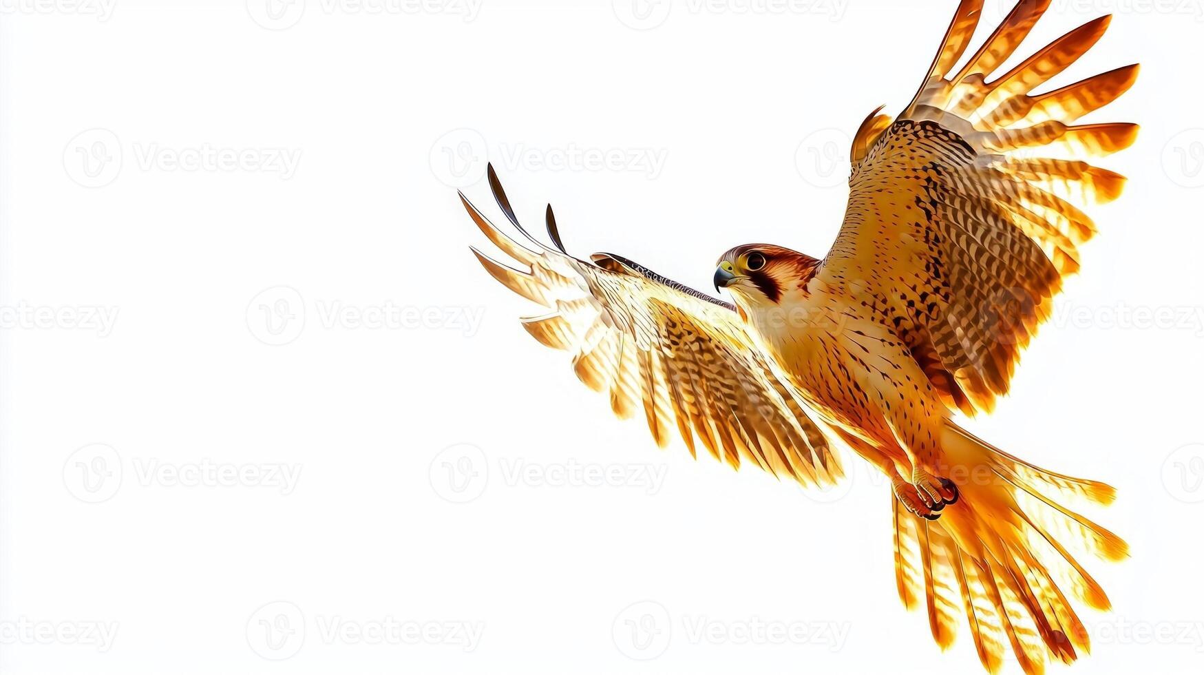 remarkable falcon propels itself forward at high velocity, its wings tucked in for streamlined flight. The brilliance of its feathers contrasts beautifully with the stark background. photo