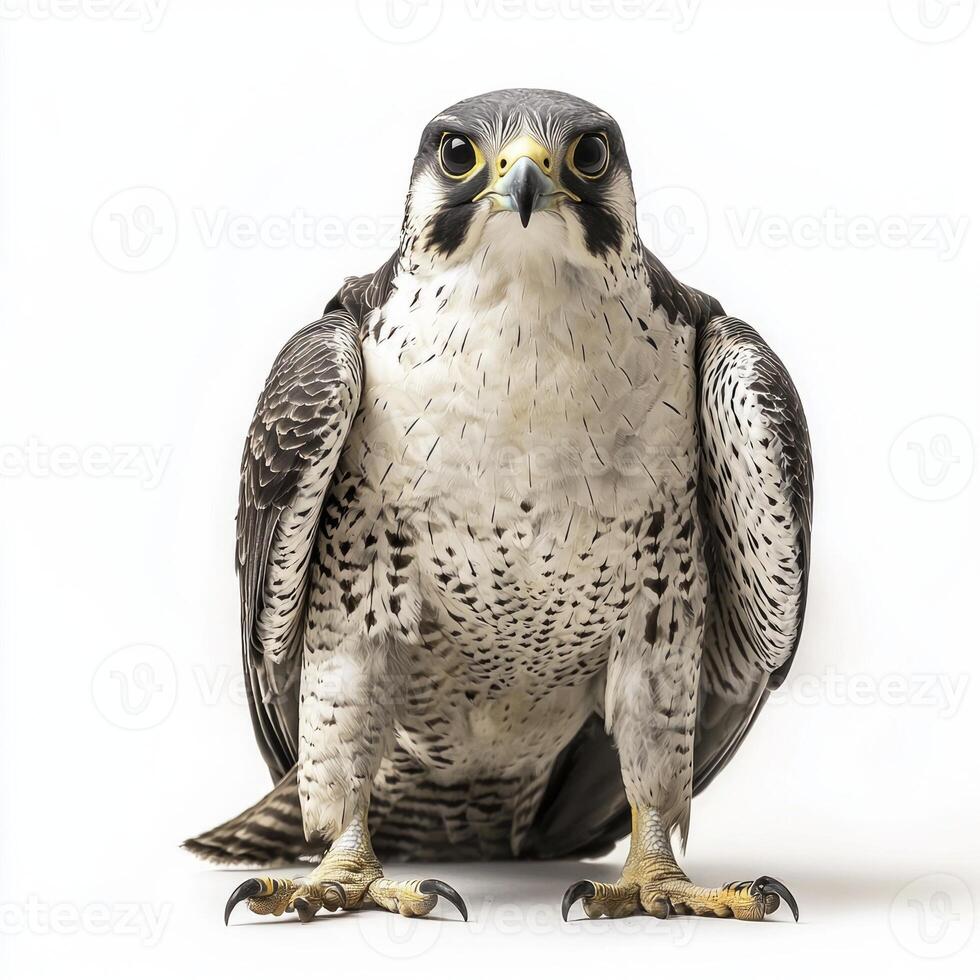 peregrine falcon stands majestically with its wings slightly spread, showcasing its stunning feathers. This close-up reveals the bird's piercing eyes and powerful stance. photo