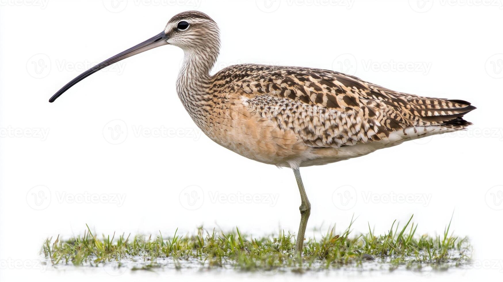 long-billed curlew stands elegantly in shallow water, its long, curved beak poised as it scans the area for food, isolated beautifully in a minimalist setting. photo