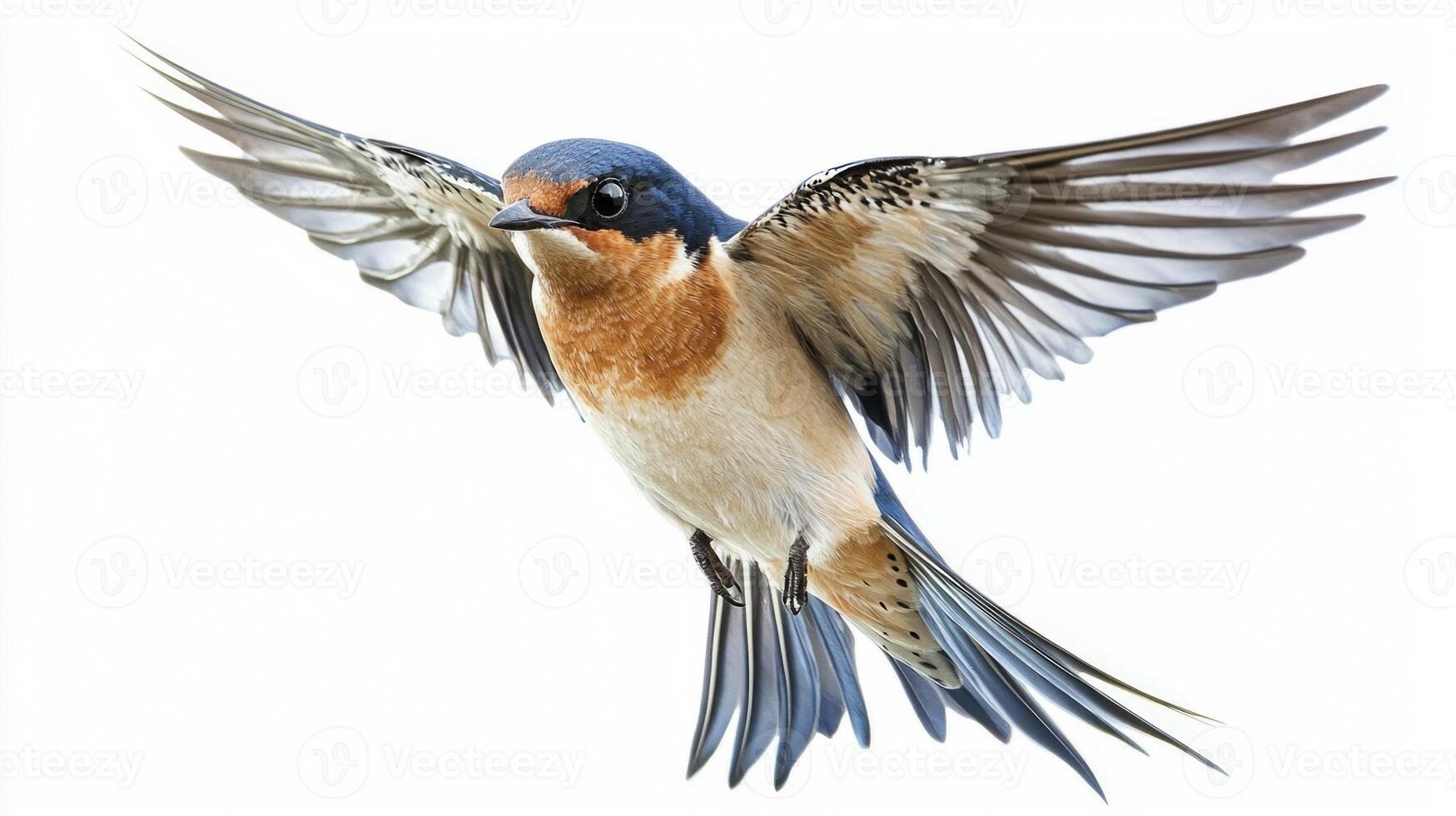 barn swallow soars gracefully through the air, showcasing its striking forked tail and pointed wings. The bird's vibrant colors stand out vividly against the stark white backdrop. photo