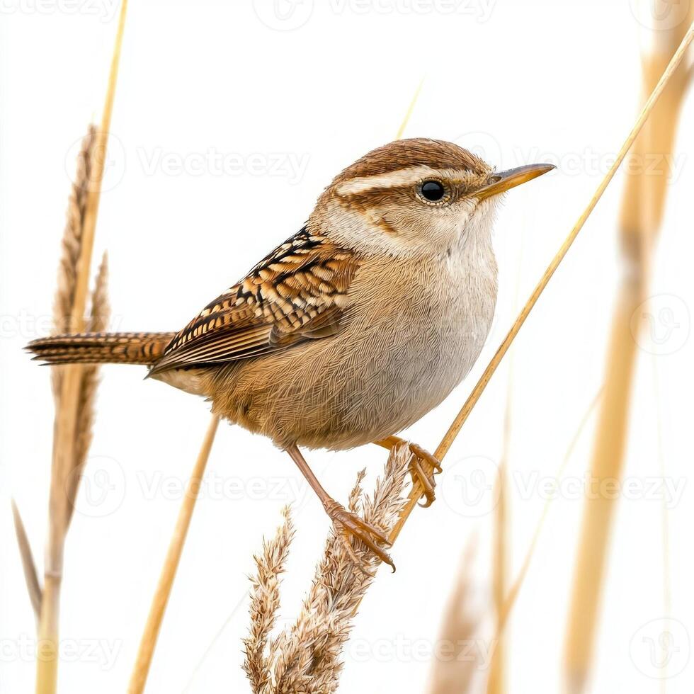 charming marsh wren, with its rounded body and intricate brown plumage, perches elegantly on a reed, highlighting its natural beauty against a stark white backdrop. photo