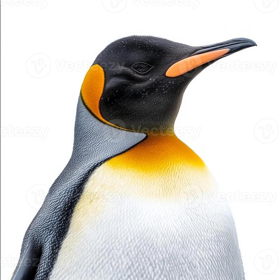 majestic king penguin stands tall, adorned with striking yellow neck feathers. Its proud posture and sleek body highlight the elegance of this remarkable bird against the pure white backdrop. photo