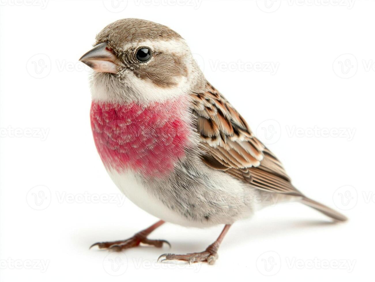 small linnet showcases its vibrant red chest and intricate feather patterns while resting on a clean, white surface, highlighting its natural beauty. photo