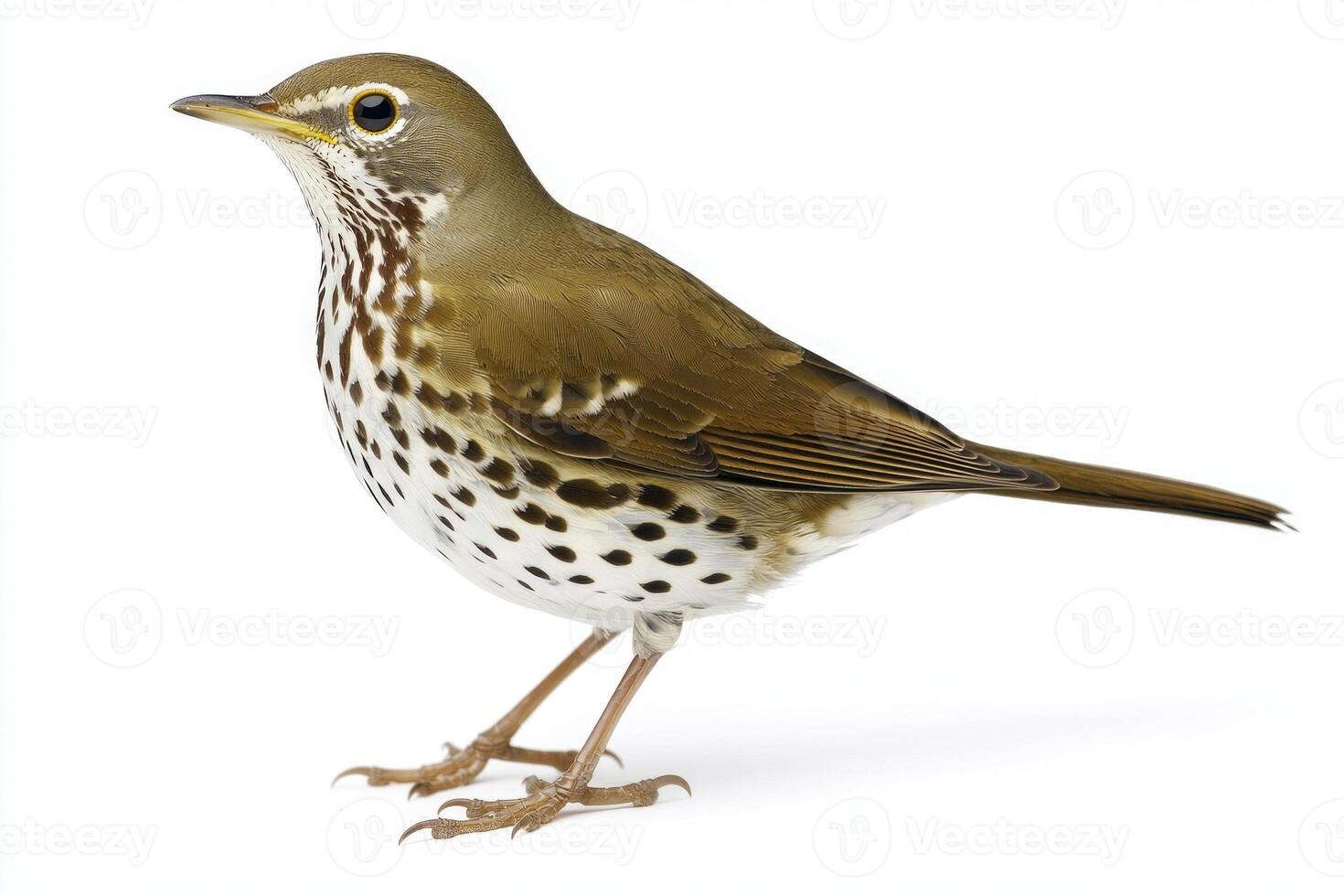 thrush stands confidently with its striking speckled brown and white chest, highlighting its beauty and elegance in an isolated backdrop. Nature's artistry on display. photo