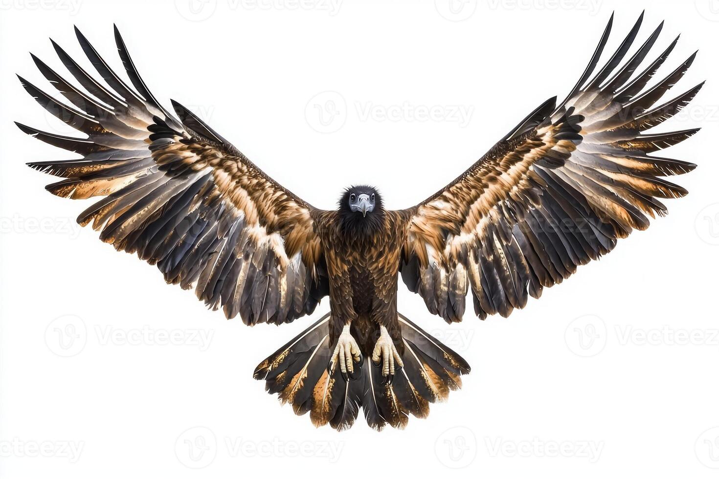 Witness the impressive bearded vulture gliding effortlessly through the air, showcasing its dark plumage and distinctive hooked beak in a captivating display of nature's beauty. photo