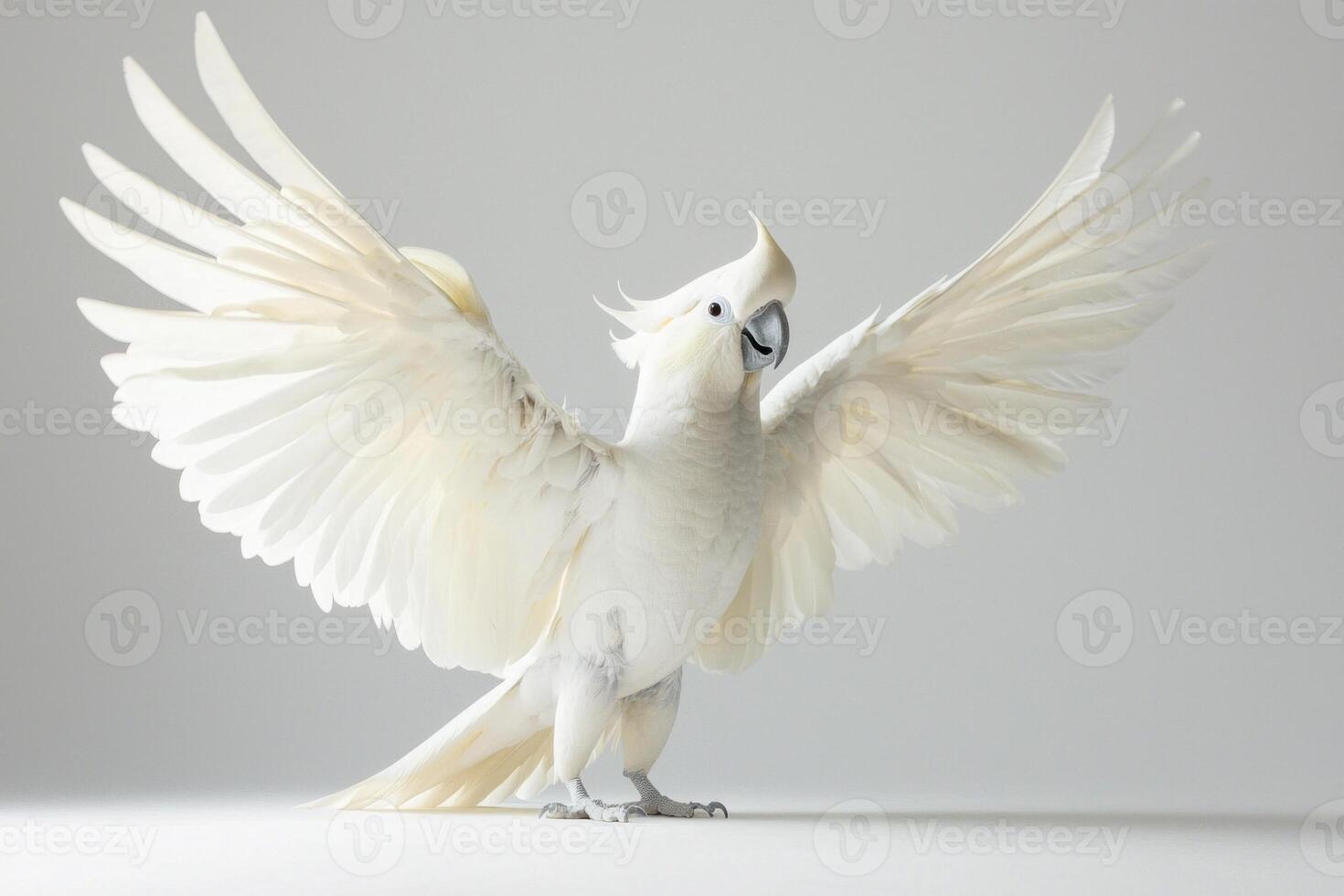 stunning cockatoo elevates its crest, showcasing brilliant white feathers and a distinctive curved beak, creating a striking visual against a plain background. photo