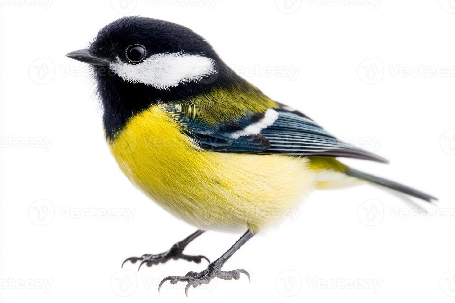 great tit stands proudly with its vibrant yellow chest and distinctive black head, isolated for a stunning presentation. The bird's graceful stance highlights its beauty. photo