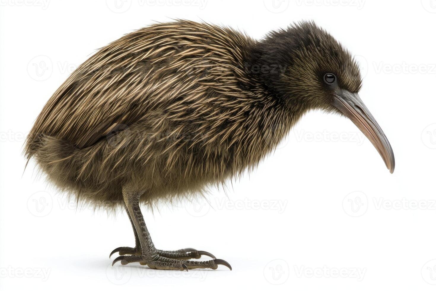 adorable kiwi bird stands alone, emphasizing its distinctive long beak and short wings. The white background enhances its charming appearance, showcasing its unique characteristics beautifully. photo