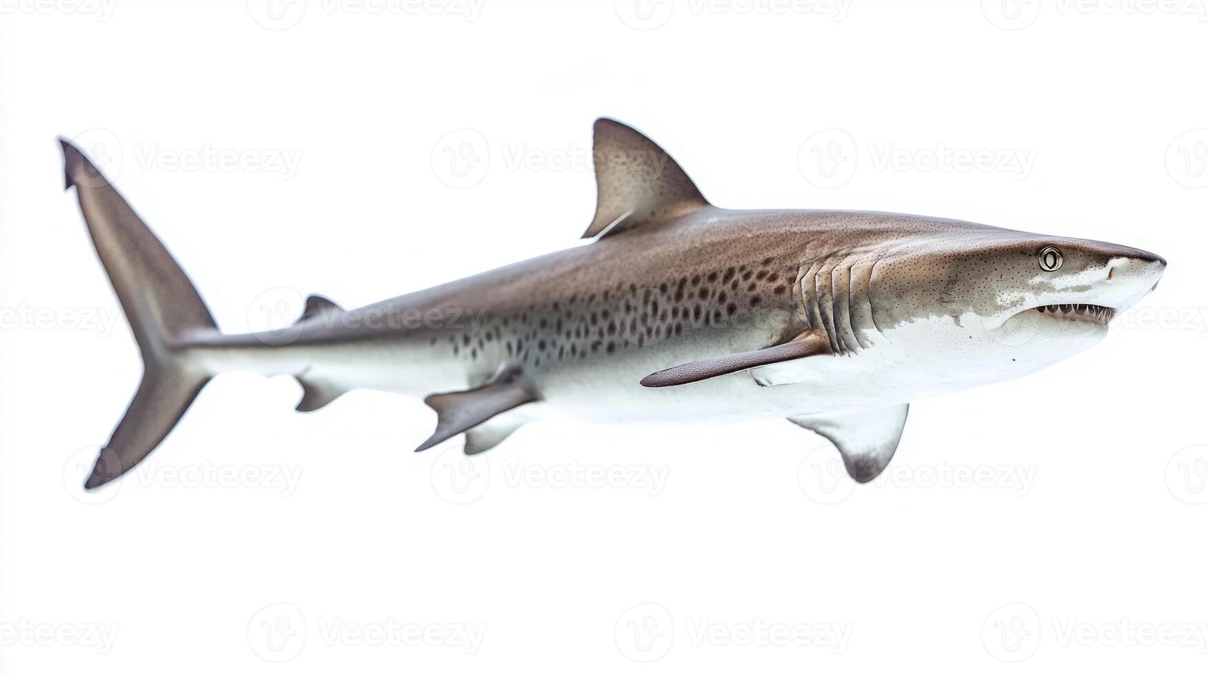 mackerel shark also known as Lamna nasus is displayed against a white background highlighting its unique shape coloration and characteristics emphasizing its aquatic elegance. photo