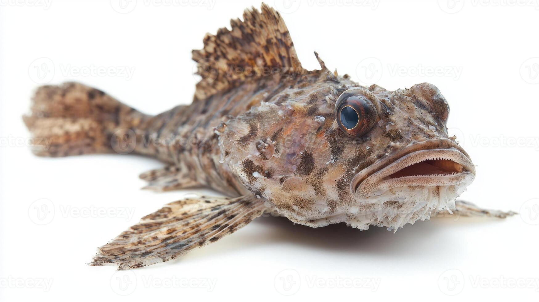 Monkfish scientifically known as Lophius piscatorius showcases its distinctive appearance and intricate textures against a plain white backdrop emphasizing its natural beauty. photo