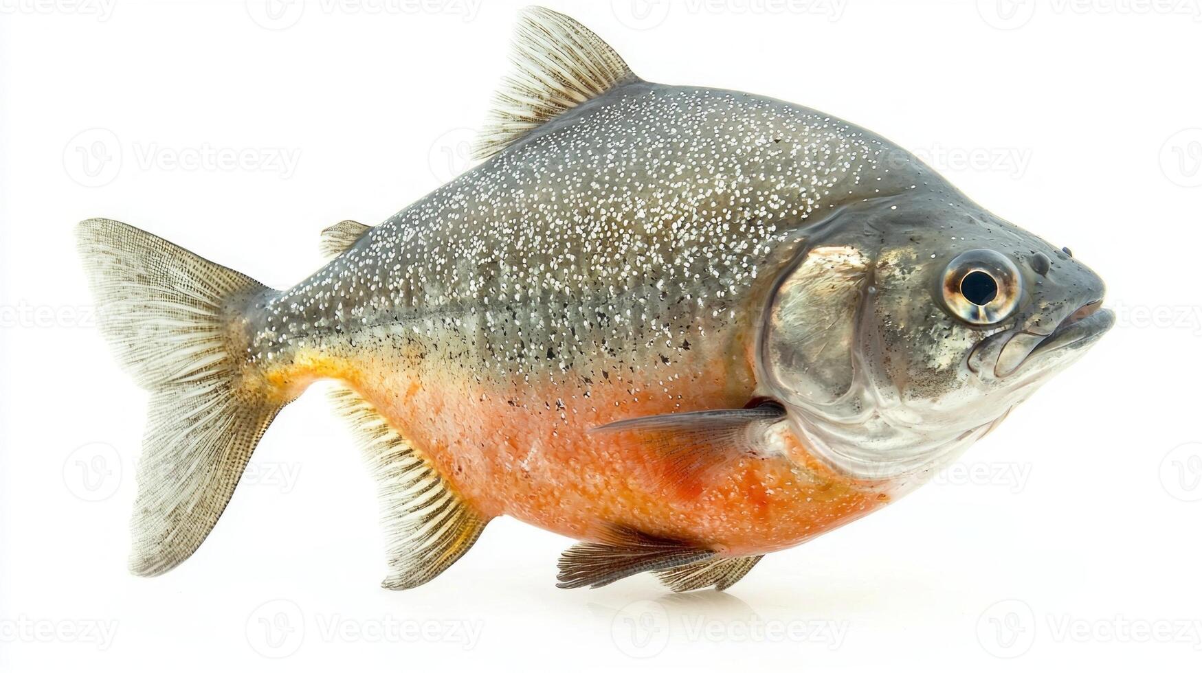 Piranha known as Pygocentrus nattereri displays its recognizable shape and color against a pure white background highlighting its shiny scales and predatory nature. photo