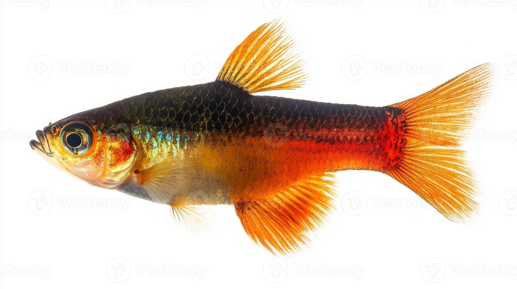 vibrant platy fish displays its unique color patterns and fins while swimming against a white background highlighting its natural beauty and lively movement. photo