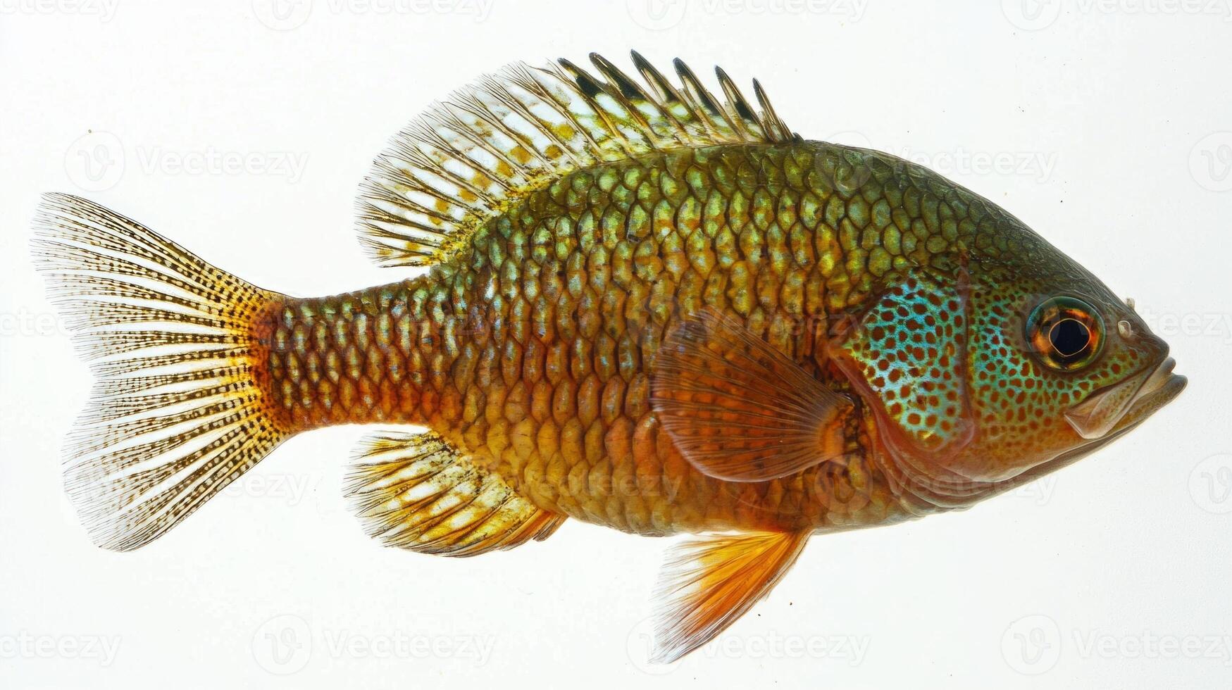 Redear Sunfish scientifically known as Lepomis microlophus displays its vivid hues and unique physical characteristics against a clean white backdrop ideal for study and identification. photo