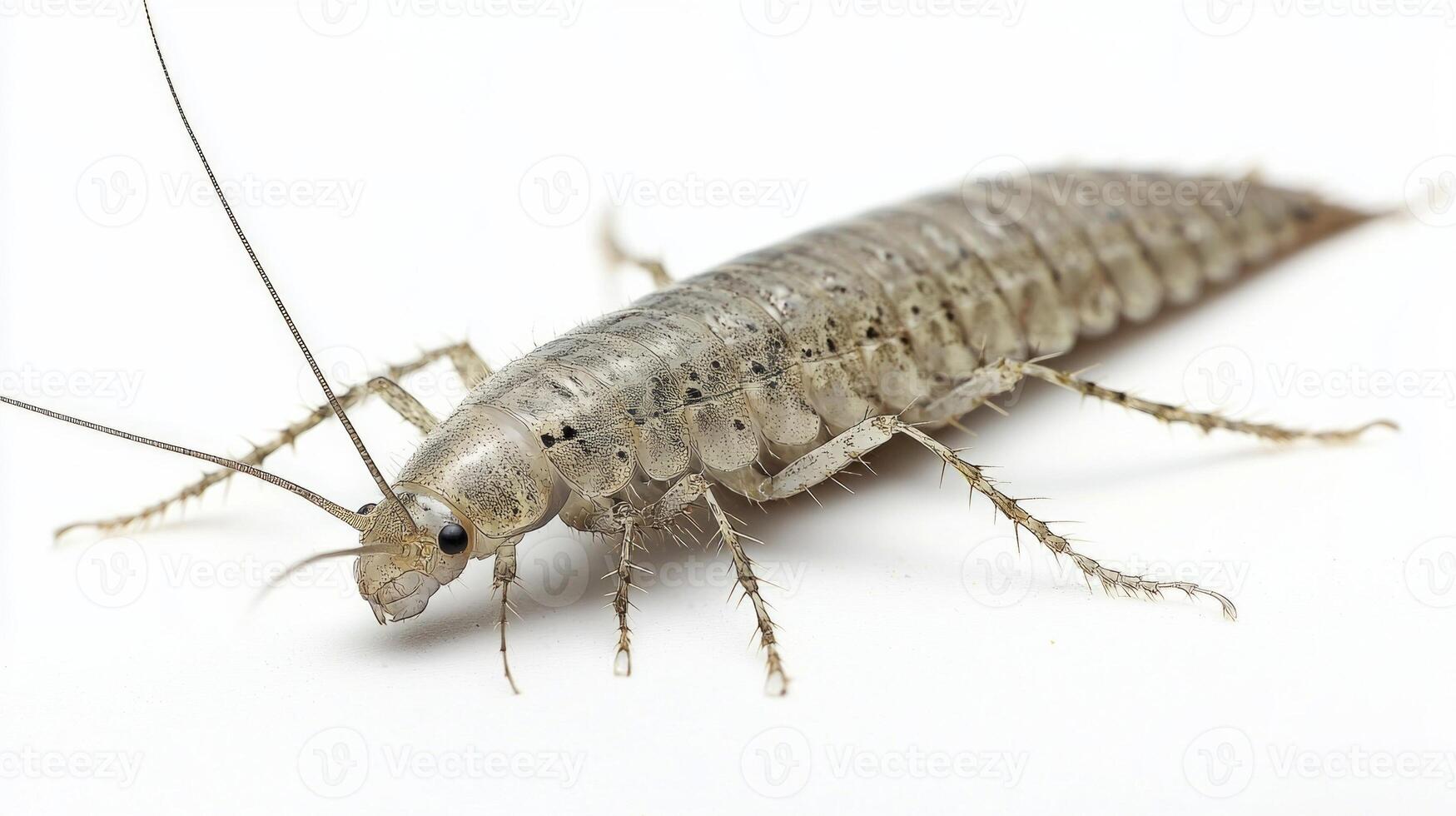 silverfish belonging to the Argentiniformes order displays its elongated body and numerous bristles against a plain white backdrop. The details highlight its unique anatomy. photo